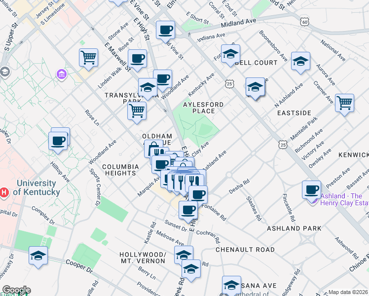 map of restaurants, bars, coffee shops, grocery stores, and more near 631 East High Street in Lexington