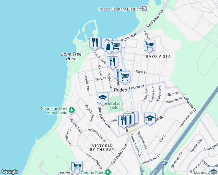 map of restaurants, bars, coffee shops, grocery stores, and more near 407 Rodeo Avenue in Rodeo