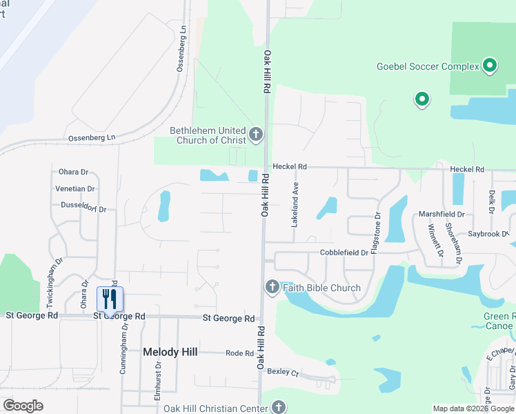 map of restaurants, bars, coffee shops, grocery stores, and more near 6038 Oak Hill Road in Evansville