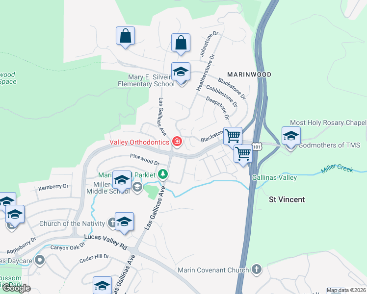 map of restaurants, bars, coffee shops, grocery stores, and more near 21 Windstone Drive in San Rafael