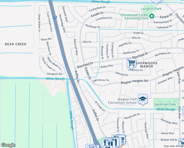 map of restaurants, bars, coffee shops, grocery stores, and more near 3512 Bixby Way in Stockton