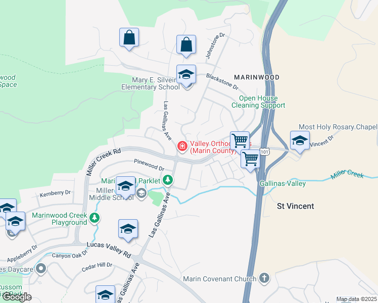 map of restaurants, bars, coffee shops, grocery stores, and more near 18 Dunlin Court in San Rafael