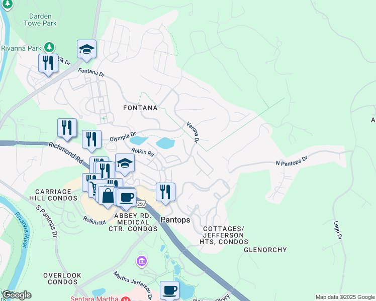 map of restaurants, bars, coffee shops, grocery stores, and more near 2116 Sundown Place in Charlottesville