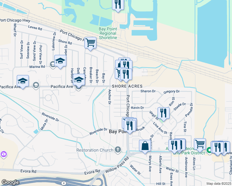 map of restaurants, bars, coffee shops, grocery stores, and more near 55 Pacifica Avenue in Bay Point