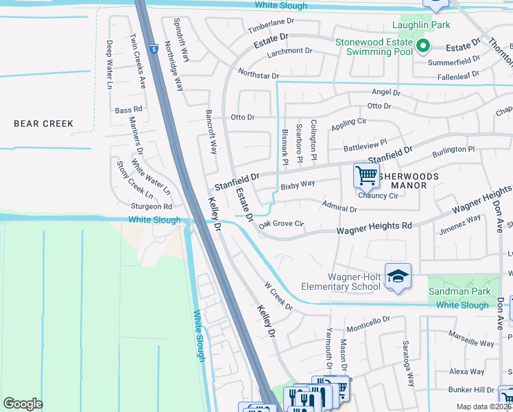 map of restaurants, bars, coffee shops, grocery stores, and more near 3512 Bixby Way in Stockton