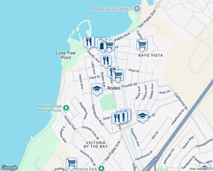 map of restaurants, bars, coffee shops, grocery stores, and more near 330 Parker Avenue in Rodeo