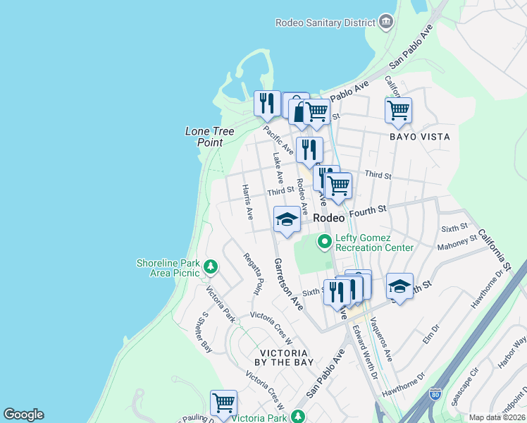 map of restaurants, bars, coffee shops, grocery stores, and more near 302 Garretson Avenue in Rodeo