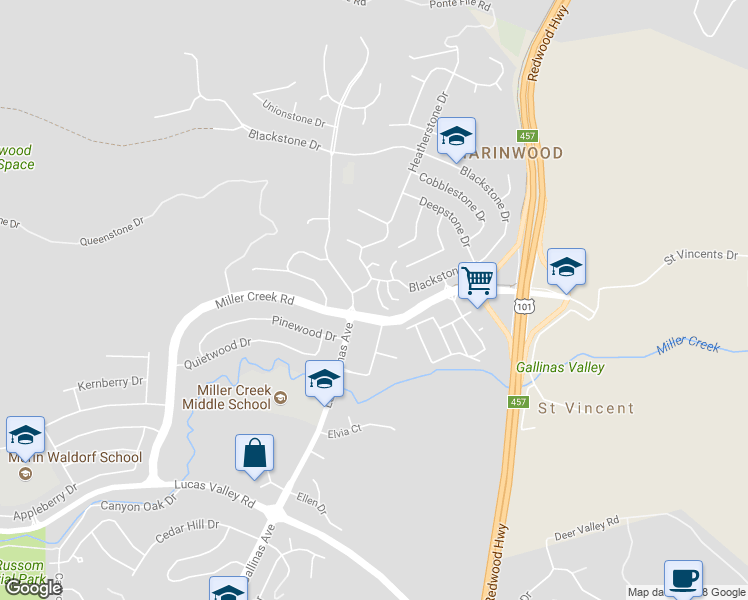 map of restaurants, bars, coffee shops, grocery stores, and more near 21 Windstone Drive in San Rafael