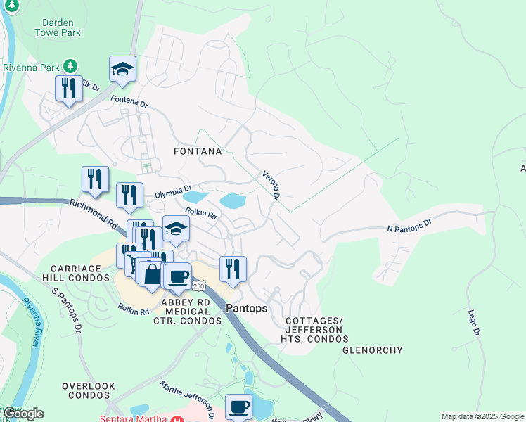 map of restaurants, bars, coffee shops, grocery stores, and more near 1790 Verona Drive in Charlottesville