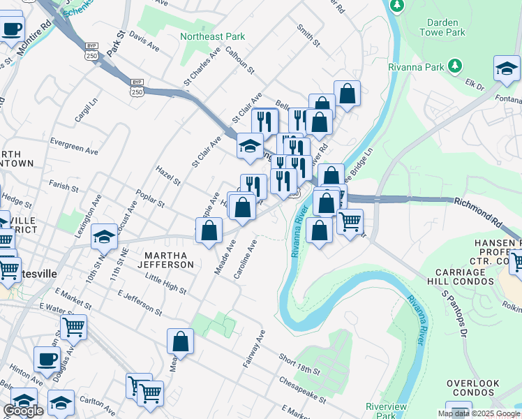 map of restaurants, bars, coffee shops, grocery stores, and more near 1324A Willow Drive in Charlottesville