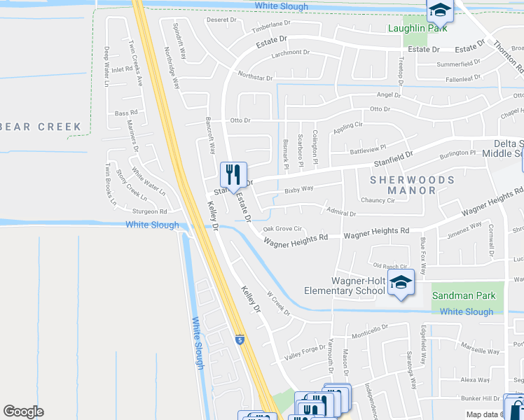 map of restaurants, bars, coffee shops, grocery stores, and more near 3508 Admiral Drive in Stockton