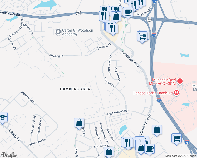 map of restaurants, bars, coffee shops, grocery stores, and more near 2513 Pascoli Place in Lexington