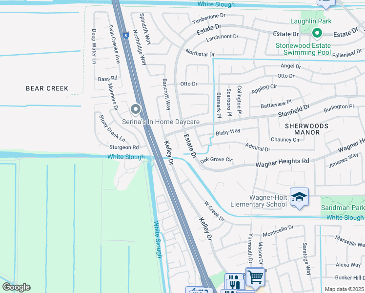 map of restaurants, bars, coffee shops, grocery stores, and more near 9240 Darby Court in Stockton