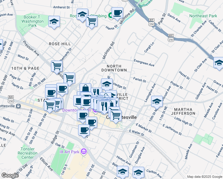 map of restaurants, bars, coffee shops, grocery stores, and more near 437 3rd Street Northeast in Charlottesville