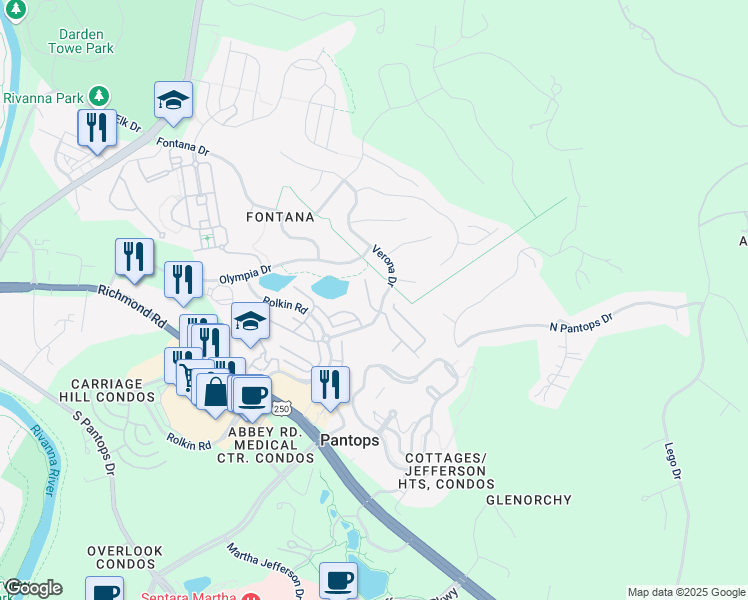 map of restaurants, bars, coffee shops, grocery stores, and more near 1790 Verona Drive in Charlottesville