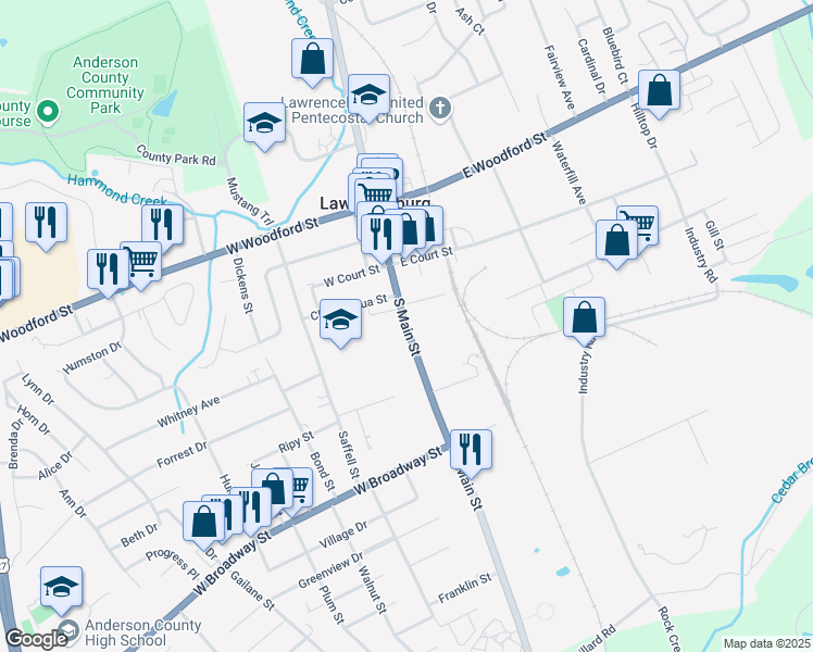 map of restaurants, bars, coffee shops, grocery stores, and more near 321 South Main Street in Lawrenceburg