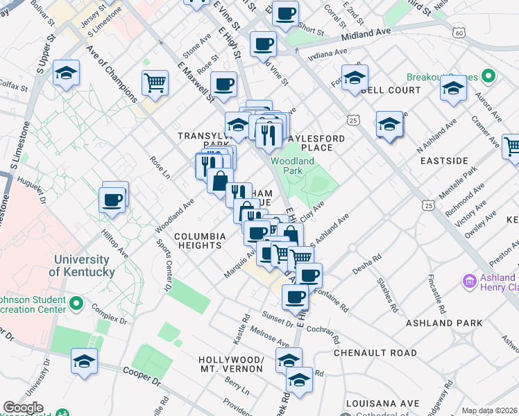 map of restaurants, bars, coffee shops, grocery stores, and more near 347 Oldham Avenue in Lexington