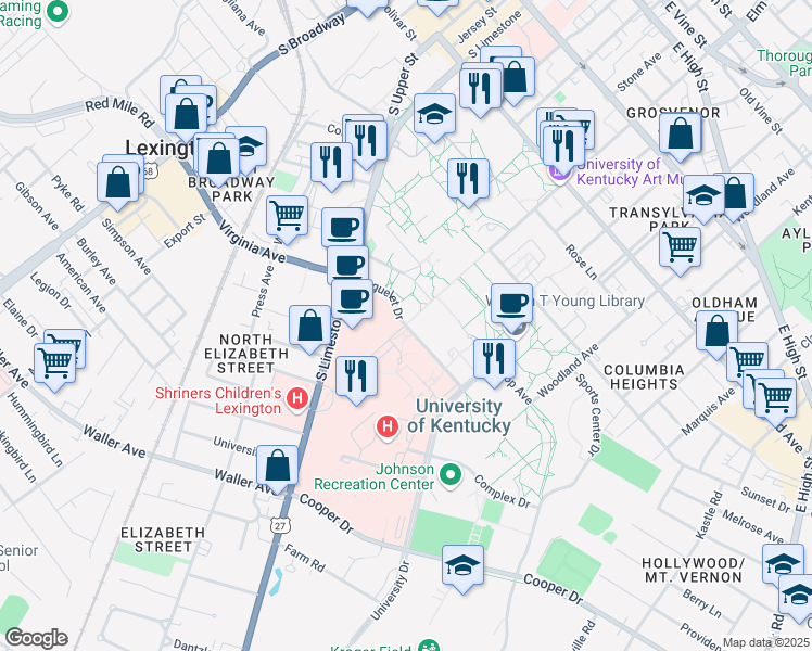 map of restaurants, bars, coffee shops, grocery stores, and more near 361 Huguelet Drive in Lexington