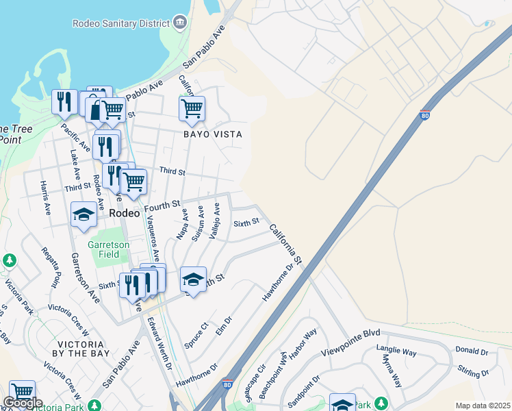 map of restaurants, bars, coffee shops, grocery stores, and more near California Street in Rodeo