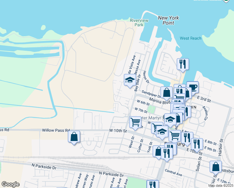 map of restaurants, bars, coffee shops, grocery stores, and more near 175 Halsey Way in Pittsburg