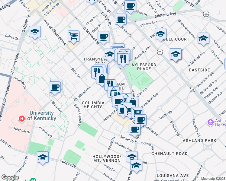 map of restaurants, bars, coffee shops, grocery stores, and more near 347 Oldham Avenue in Lexington