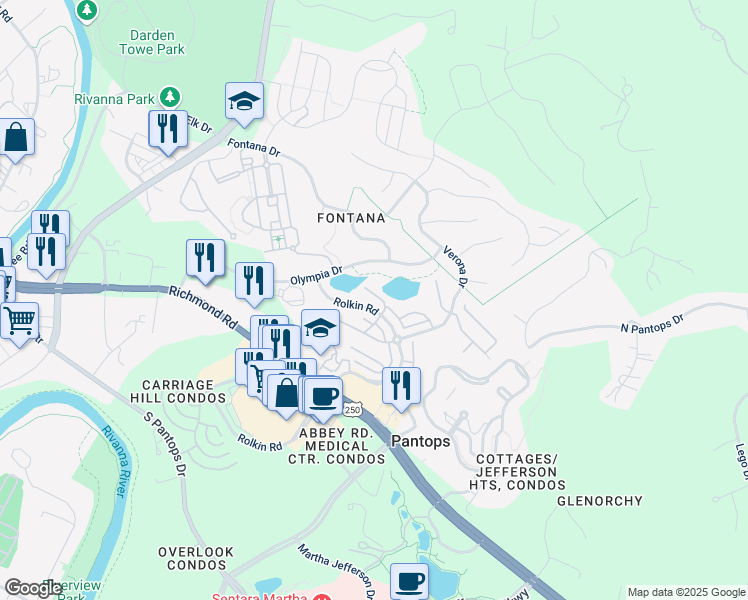 map of restaurants, bars, coffee shops, grocery stores, and more near 2159 Whispering Hollow Lane in Charlottesville
