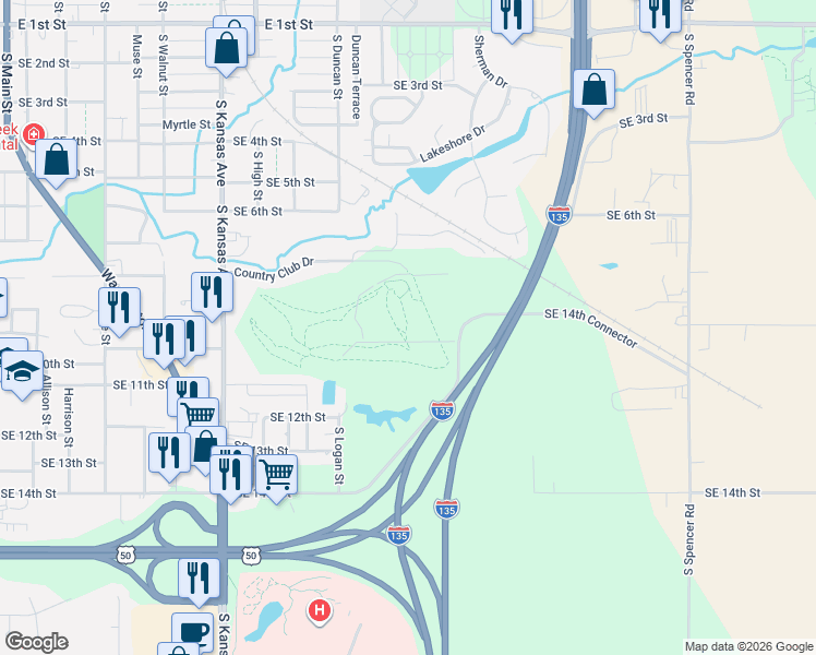 map of restaurants, bars, coffee shops, grocery stores, and more near Golf Cart Trail in Newton