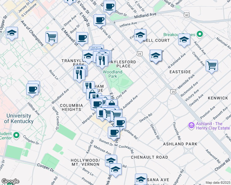 map of restaurants, bars, coffee shops, grocery stores, and more near 633 East High Street in Lexington