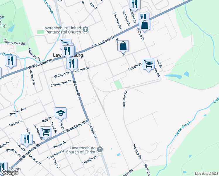 map of restaurants, bars, coffee shops, grocery stores, and more near 102 Coleman Drive in Lawrenceburg