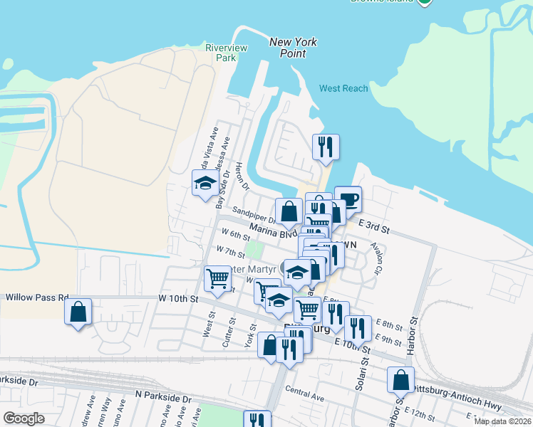 map of restaurants, bars, coffee shops, grocery stores, and more near 161 Heron Drive in Pittsburg