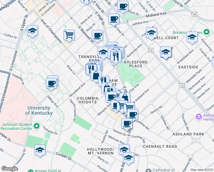 map of restaurants, bars, coffee shops, grocery stores, and more near 347 Oldham Avenue in Lexington