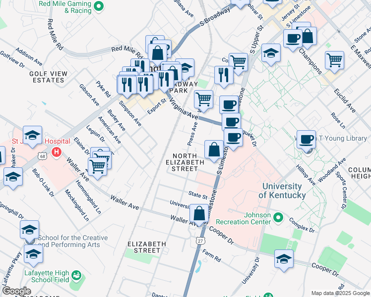 map of restaurants, bars, coffee shops, grocery stores, and more near 817 Press Avenue in Lexington