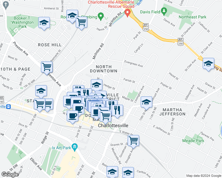 map of restaurants, bars, coffee shops, grocery stores, and more near 408 Hedge Street in Charlottesville