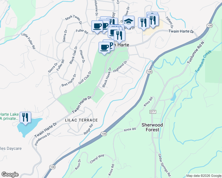 map of restaurants, bars, coffee shops, grocery stores, and more near 22725 Black Hawk Drive in Twain Harte