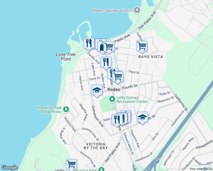 map of restaurants, bars, coffee shops, grocery stores, and more near 330 Parker Avenue in Rodeo