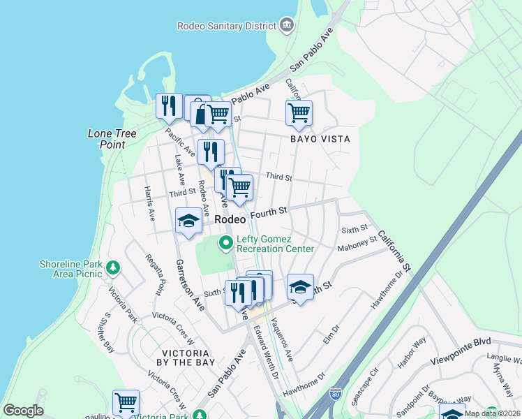 map of restaurants, bars, coffee shops, grocery stores, and more near 808 Fourth Street in Rodeo