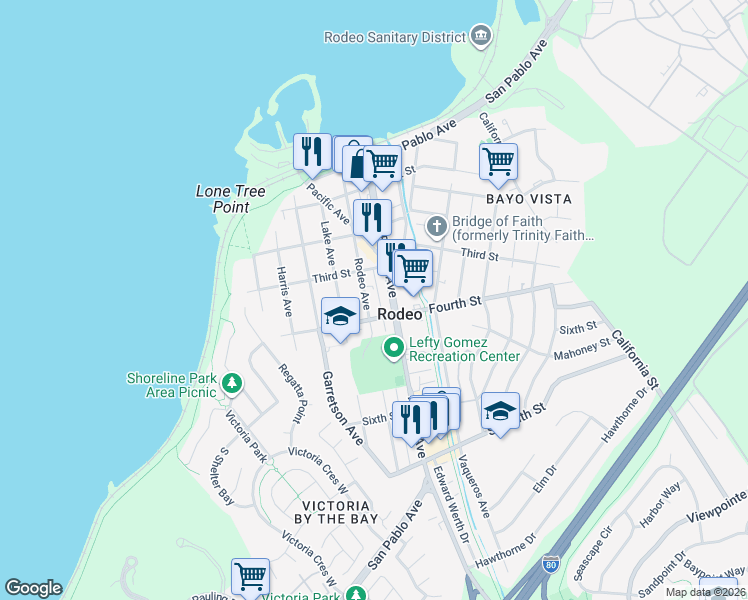 map of restaurants, bars, coffee shops, grocery stores, and more near 343 Rodeo Avenue in Rodeo