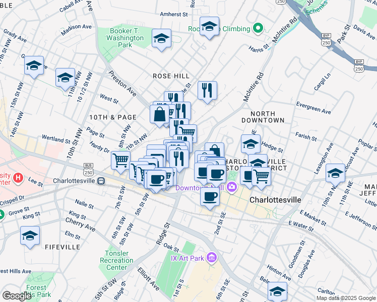 map of restaurants, bars, coffee shops, grocery stores, and more near 400 Preston Ave in Charlottesville