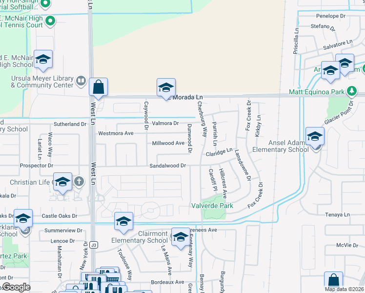 map of restaurants, bars, coffee shops, grocery stores, and more near 2239 Millwood Avenue in Stockton