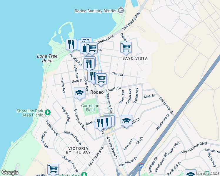 map of restaurants, bars, coffee shops, grocery stores, and more near 808 Fourth Street in Rodeo