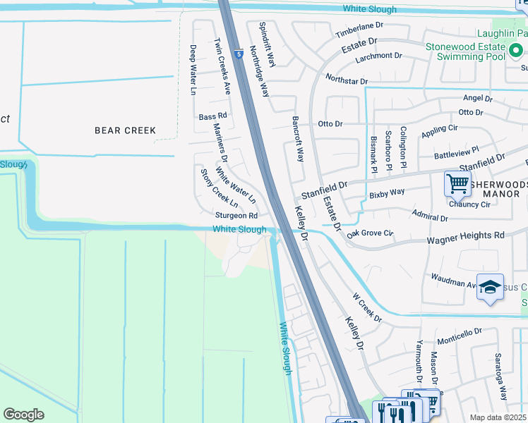 map of restaurants, bars, coffee shops, grocery stores, and more near 9202 White Water Lane in Stockton