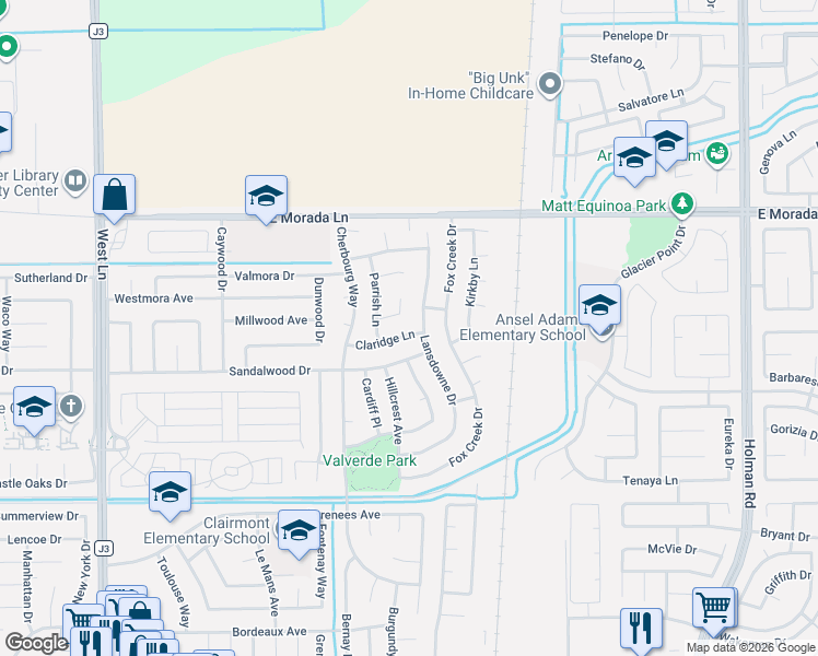 map of restaurants, bars, coffee shops, grocery stores, and more near 9235 Lansdowne Drive in Stockton