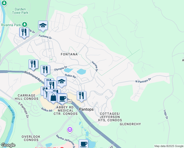 map of restaurants, bars, coffee shops, grocery stores, and more near 2122 Sundown Place in Charlottesville