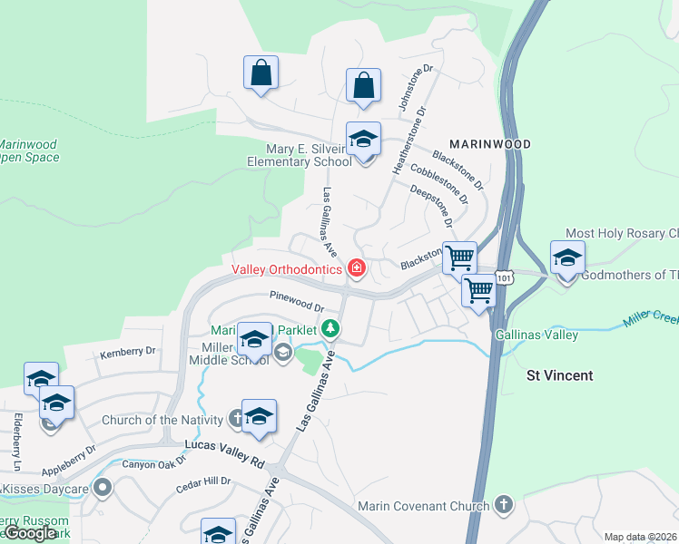 map of restaurants, bars, coffee shops, grocery stores, and more near 2523 Las Gallinas Ave in San Rafael