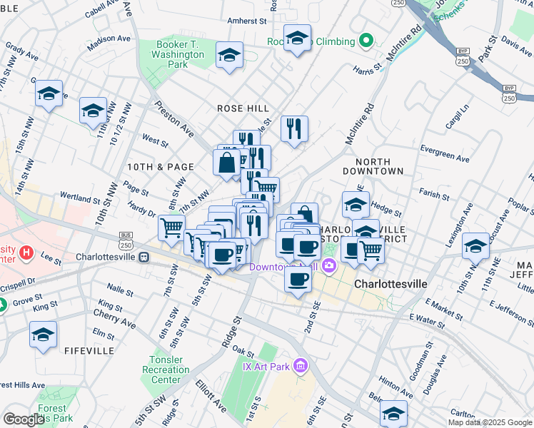 map of restaurants, bars, coffee shops, grocery stores, and more near 400 Preston Avenue in Charlottesville