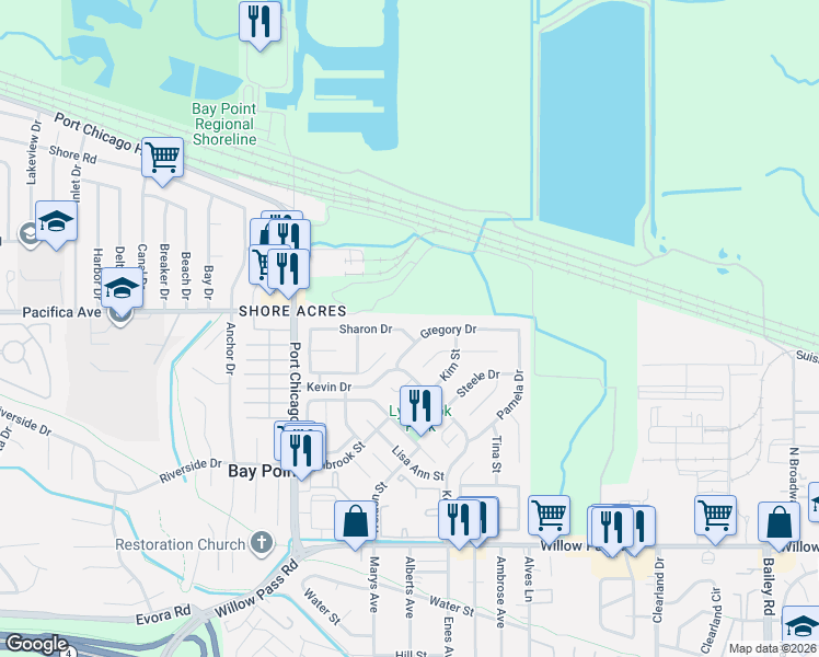 map of restaurants, bars, coffee shops, grocery stores, and more near 12 Sharon Drive in Bay Point