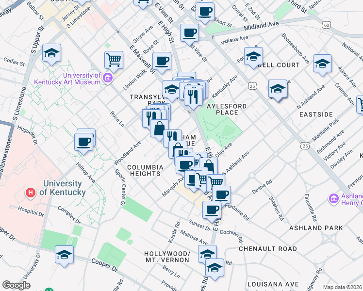 map of restaurants, bars, coffee shops, grocery stores, and more near 347 Oldham Avenue in Lexington