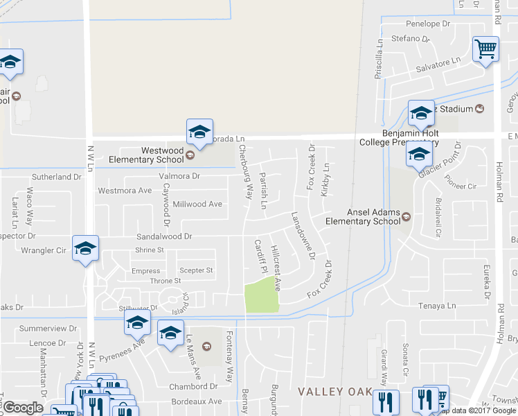 map of restaurants, bars, coffee shops, grocery stores, and more near 9215 Parrish Lane in Stockton