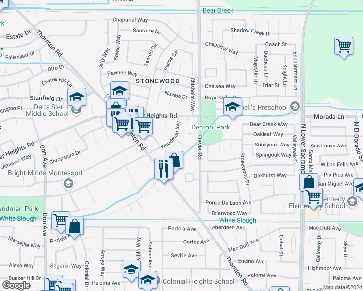 map of restaurants, bars, coffee shops, grocery stores, and more near 9046 Stacey Court in Stockton