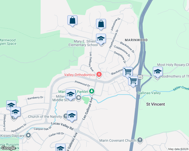 map of restaurants, bars, coffee shops, grocery stores, and more near 2523 Las Gallinas Avenue in San Rafael